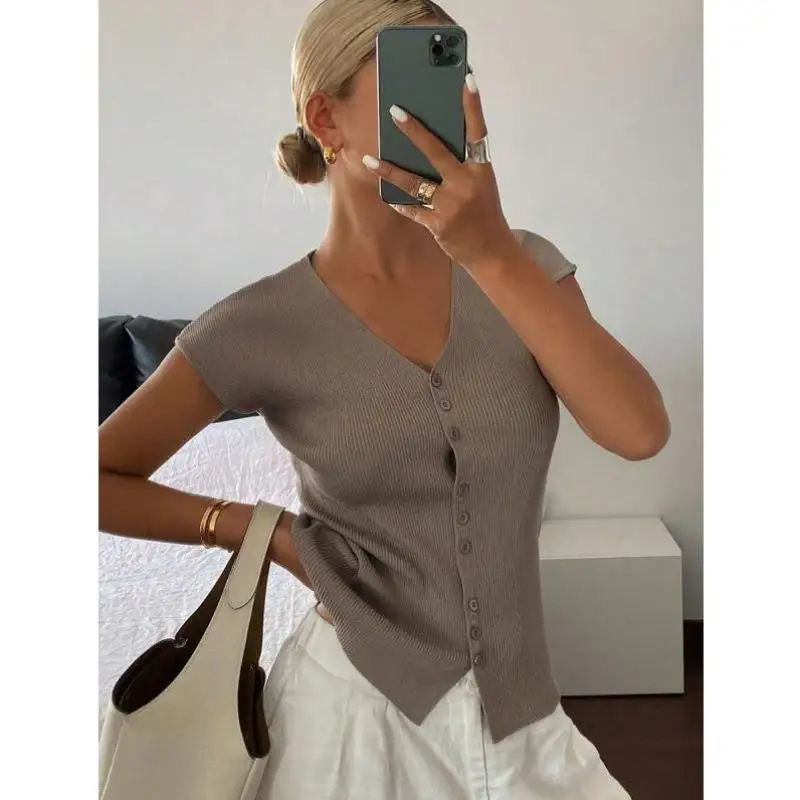 

New L 3 Pure Color Slim Fit V-Ne Elastic Lightweight Casual Top Ci Walk Ne Nine Sve Coolmax Fiber Knitted Sw...