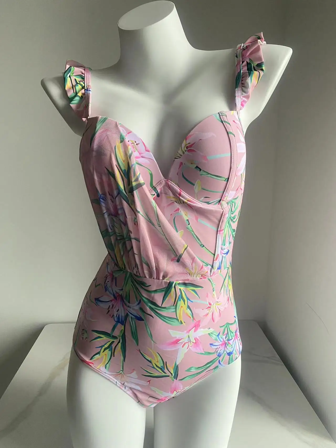 Maillot de bain une pièce imprimé floral à volants, haute qualité, push up, bikini, ensemble, amincissant, tenue de plage, 2024