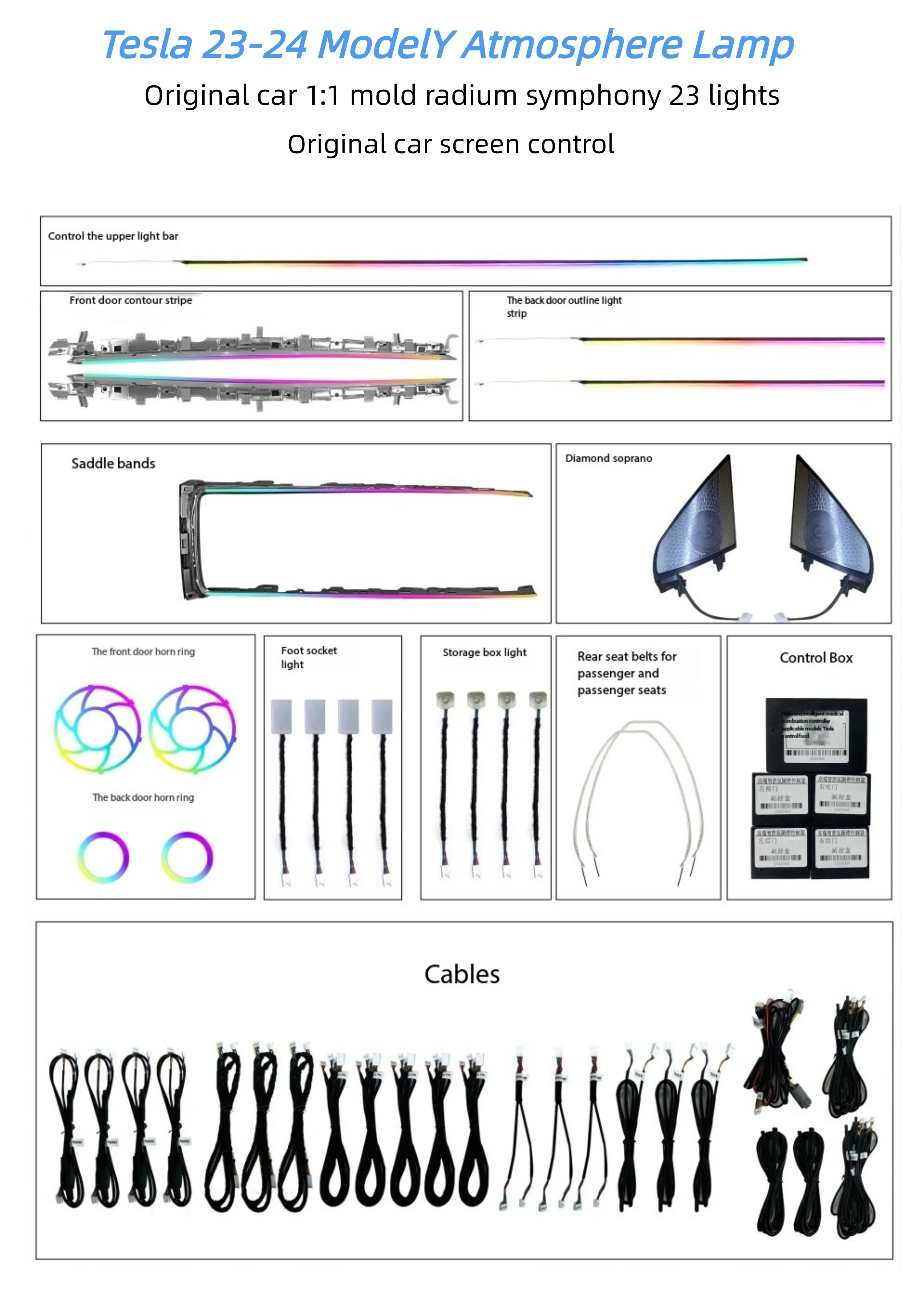 Car Interior Magic Ambient Light LED Atmosphere Lighting Decoration Kit 23 Lights Suitable for Tesla Model Y 2023-2024 2023 2024