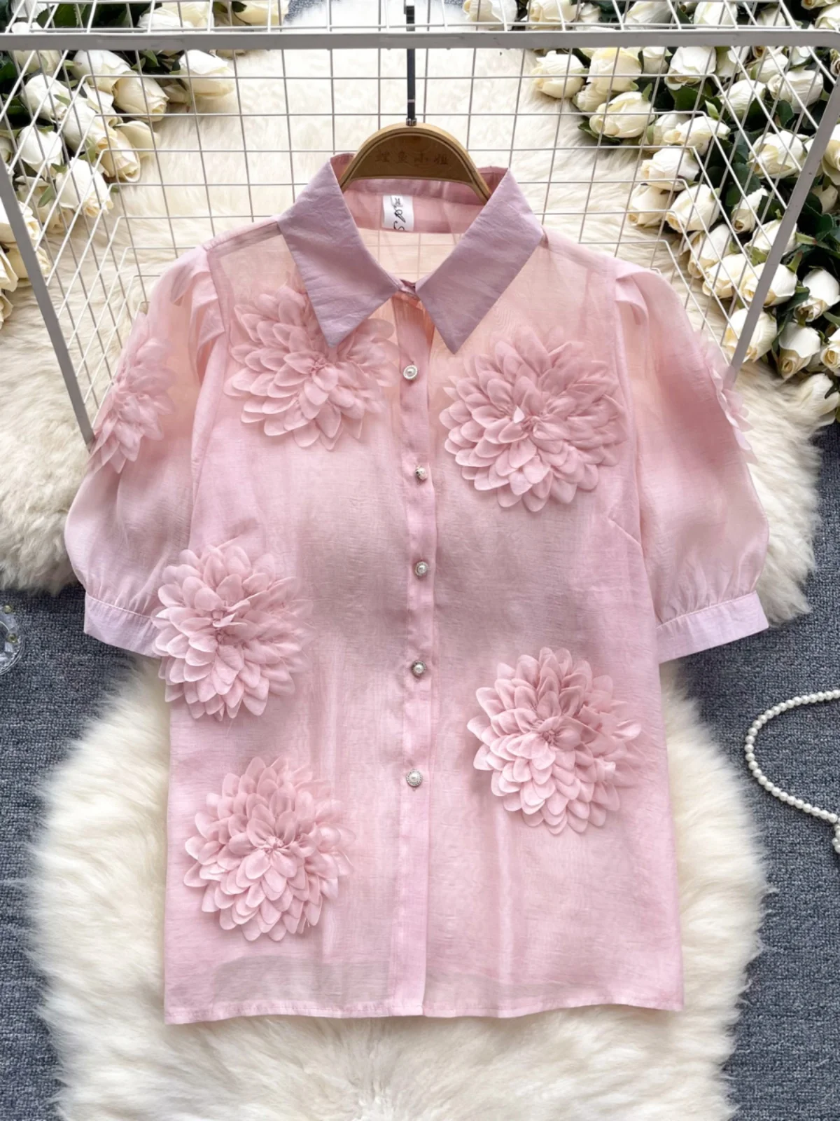 

Women's Summer irt 2024 New Sle Unique Exquisite Bubble Sve 3D Flower Versatile Top Korean Sle Loose Fit ort Sve