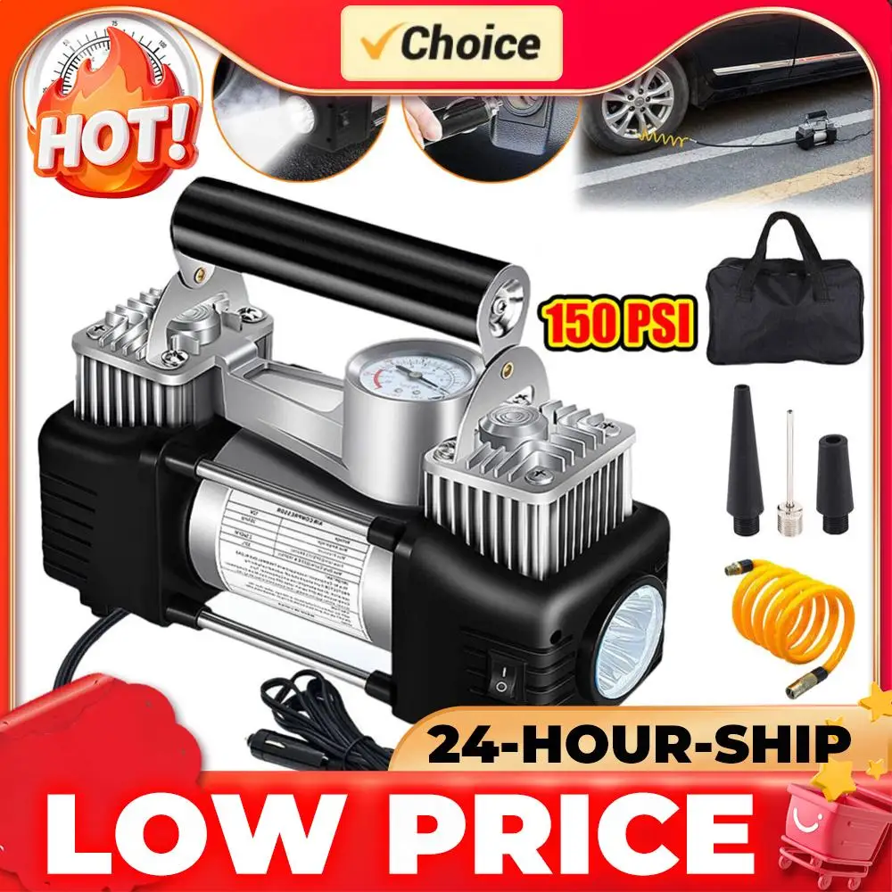 

Мощный двухцилиндровый автомобильный компрессор 150PSI, 12В, портативный насос для накачки шин с манометром для авто, грузовиков, велосипедов, мячей ﻿