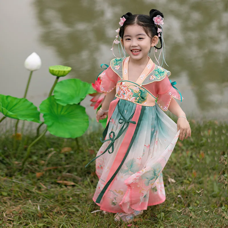 

Chinese Traditional Folk Dance Dress Girls Pink Dance Fairy Costume Hanfu Girls Princess Dresses Kids Party Cosplay Clothing