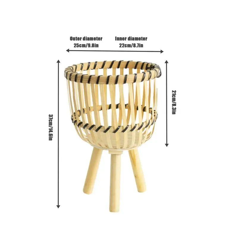 Woven Plant Stand With Legs Decorative Wooden Planter Holder With Handwoven Bamboo Basket For Indoor Plants Potted Plants Flower