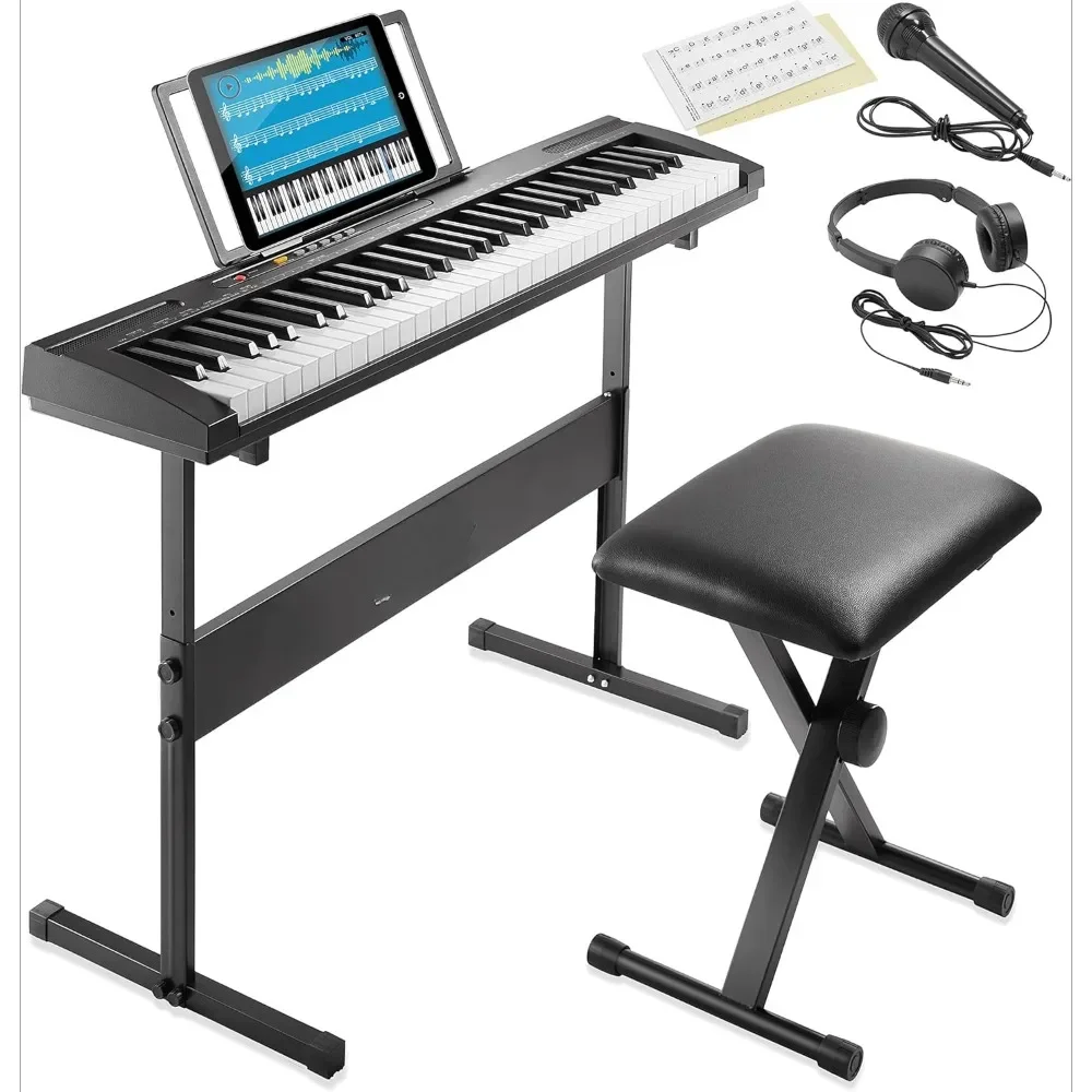 

61-Key Digital Electronic Keyboard Piano for Beginners, Includes Stand, Bench, Headphones, Mic and Keynote Stickers Piano