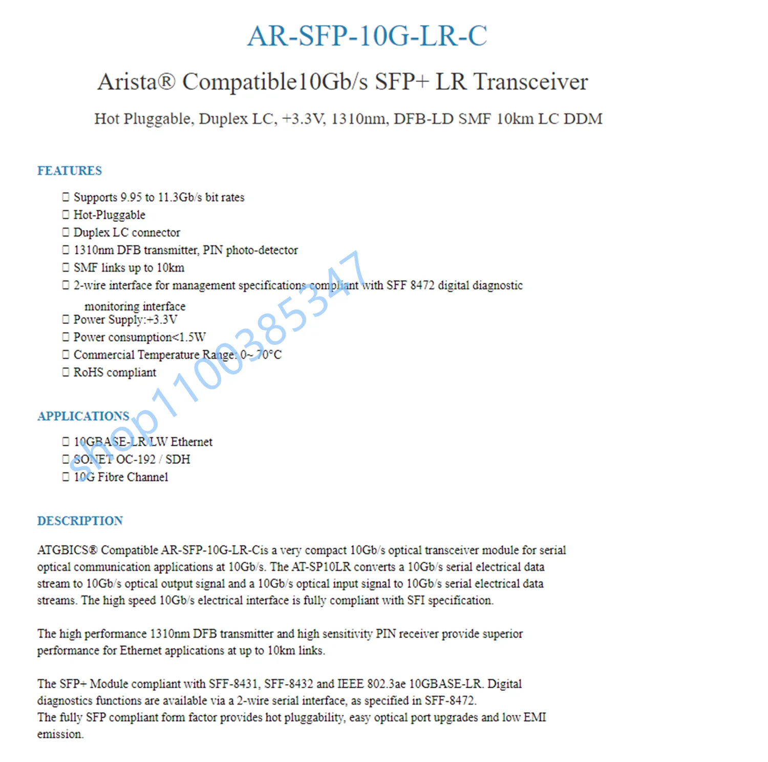 Arista optical fiber 10G sfp XVR-10003-20/XVR-00003-02 SFP-10G-LR/1310NM 10KM SFP+ Single-mode optical transceiver