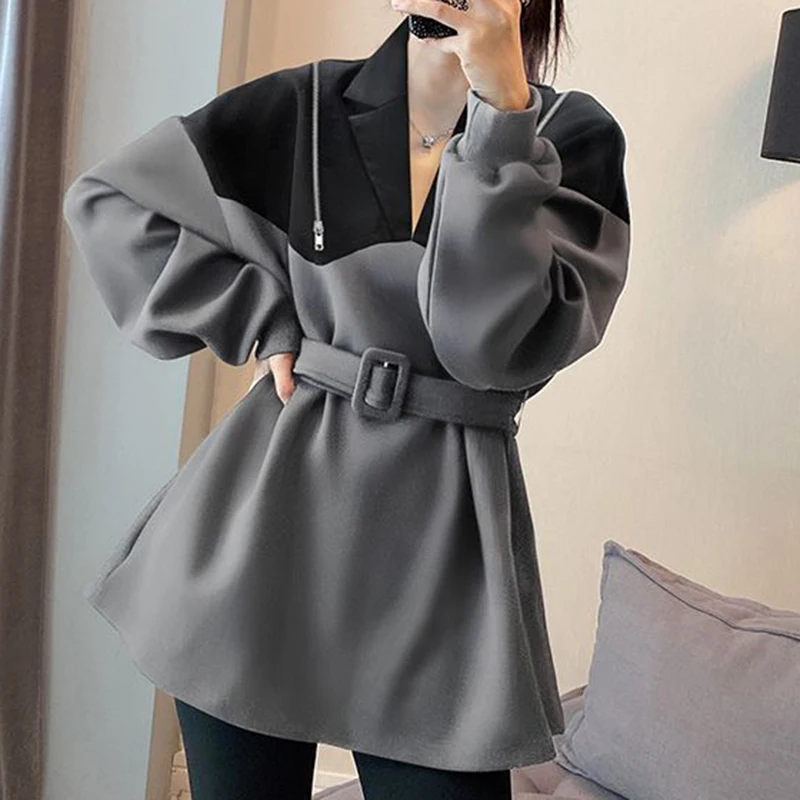 Large waist polo collar hoodie for women\'s spring new loose design with patchwork top  hoodies  oversized hoodie