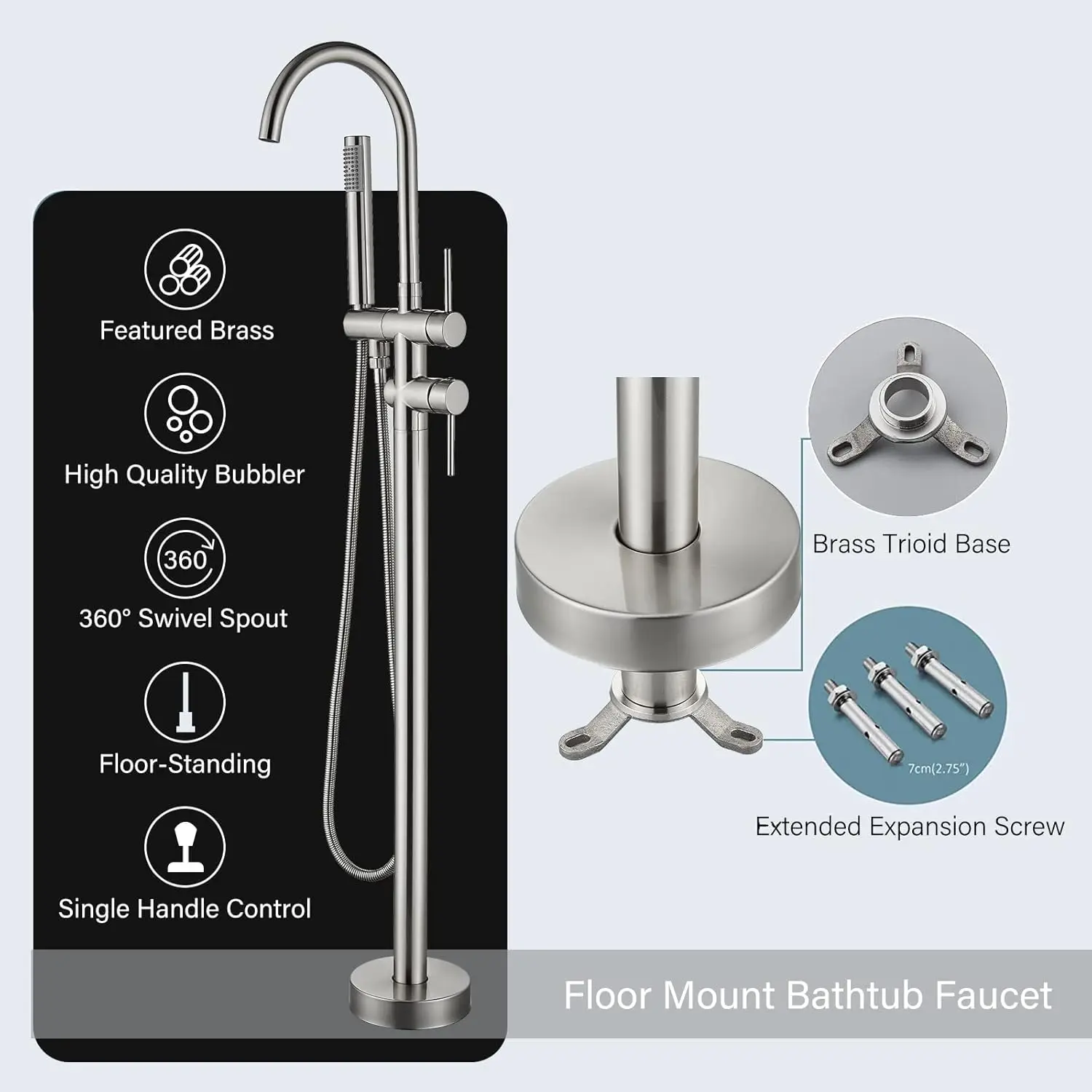 Freestanding Bathtub Faucet Floor Mount Tub Filler Brushed Nickel High Flow Shower Faucets