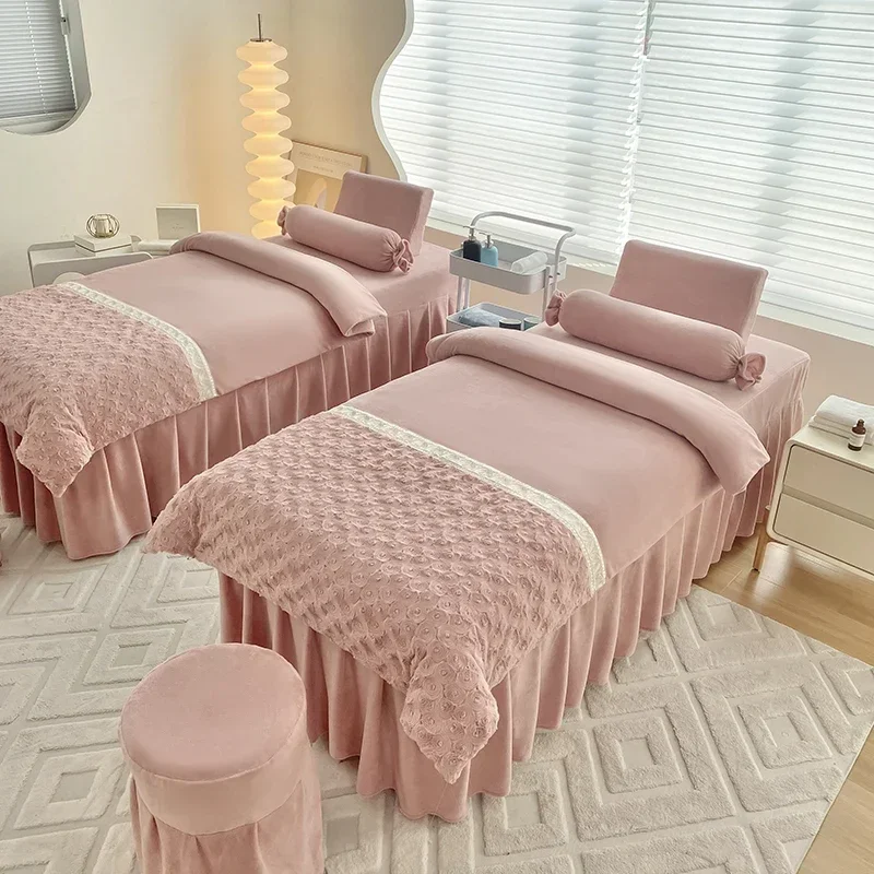 Winter Warm 3D Roses Milk Velvet Massage Spa Bedskirt+ Dulvet Cover+pillowcase+stool Cover Beauty Salon 4pcs Bedding Sets