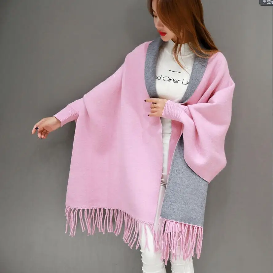 Autumn Winter Fashion Lady Tassel Knitted Shawl Sweater Women Solid Tassel Batwing Sleeve Poncho Cardigan wrap swing