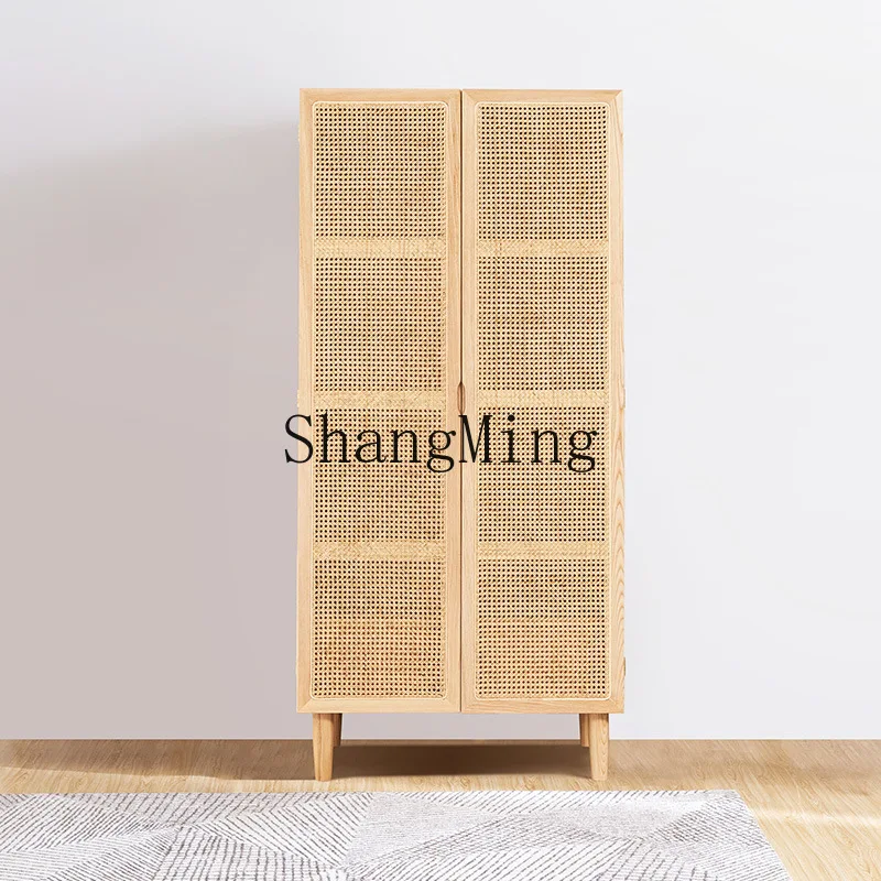 

CL Rattan Wardrobe Modern Simple Home Bedroom Solid Wood Double Door Closet White Wax Wood