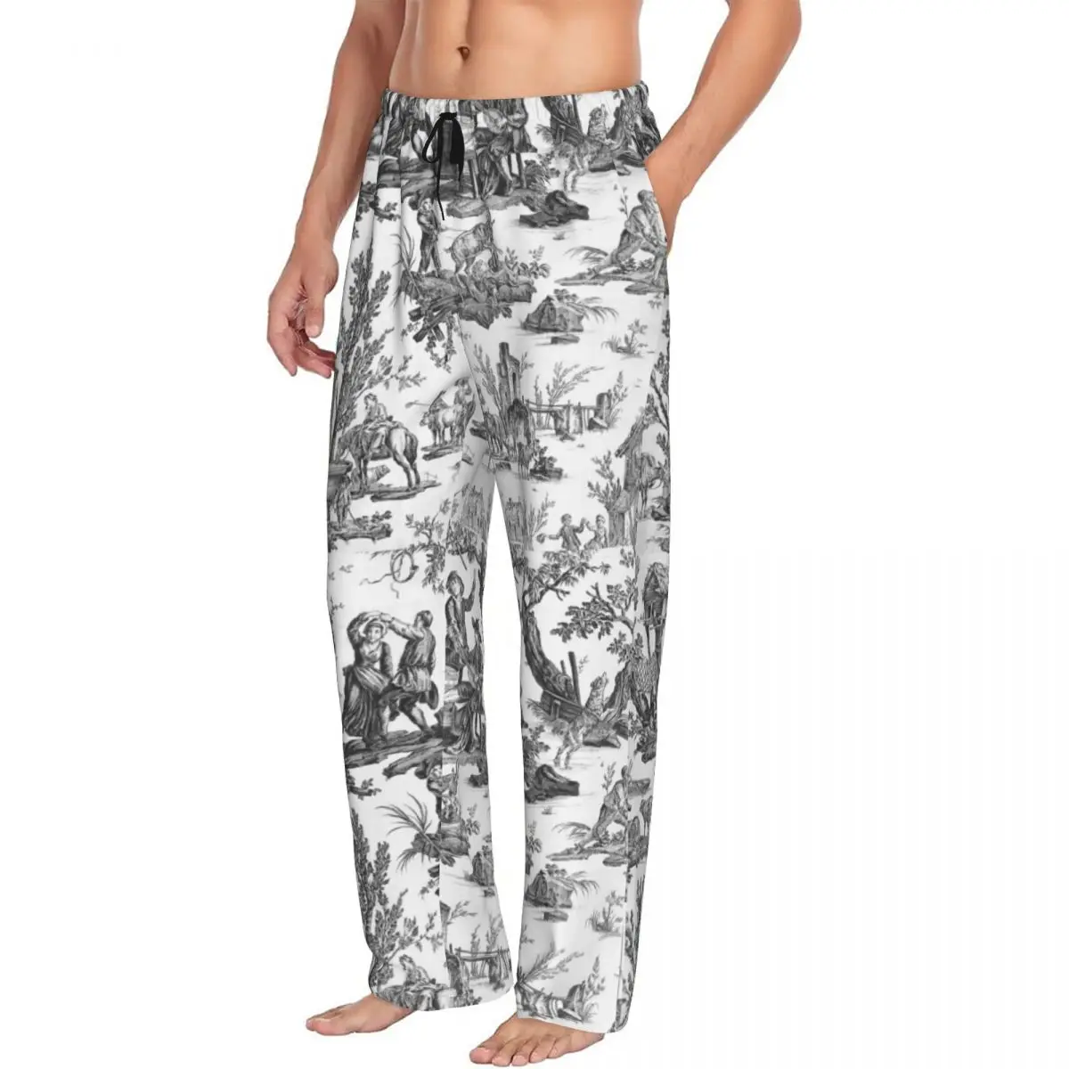 カスタム黒と白のトワルドジュイパジャマパンツ男性フレンチモチーフ花パジャマラウンジ睡眠ボトムスストレッチポケット付き