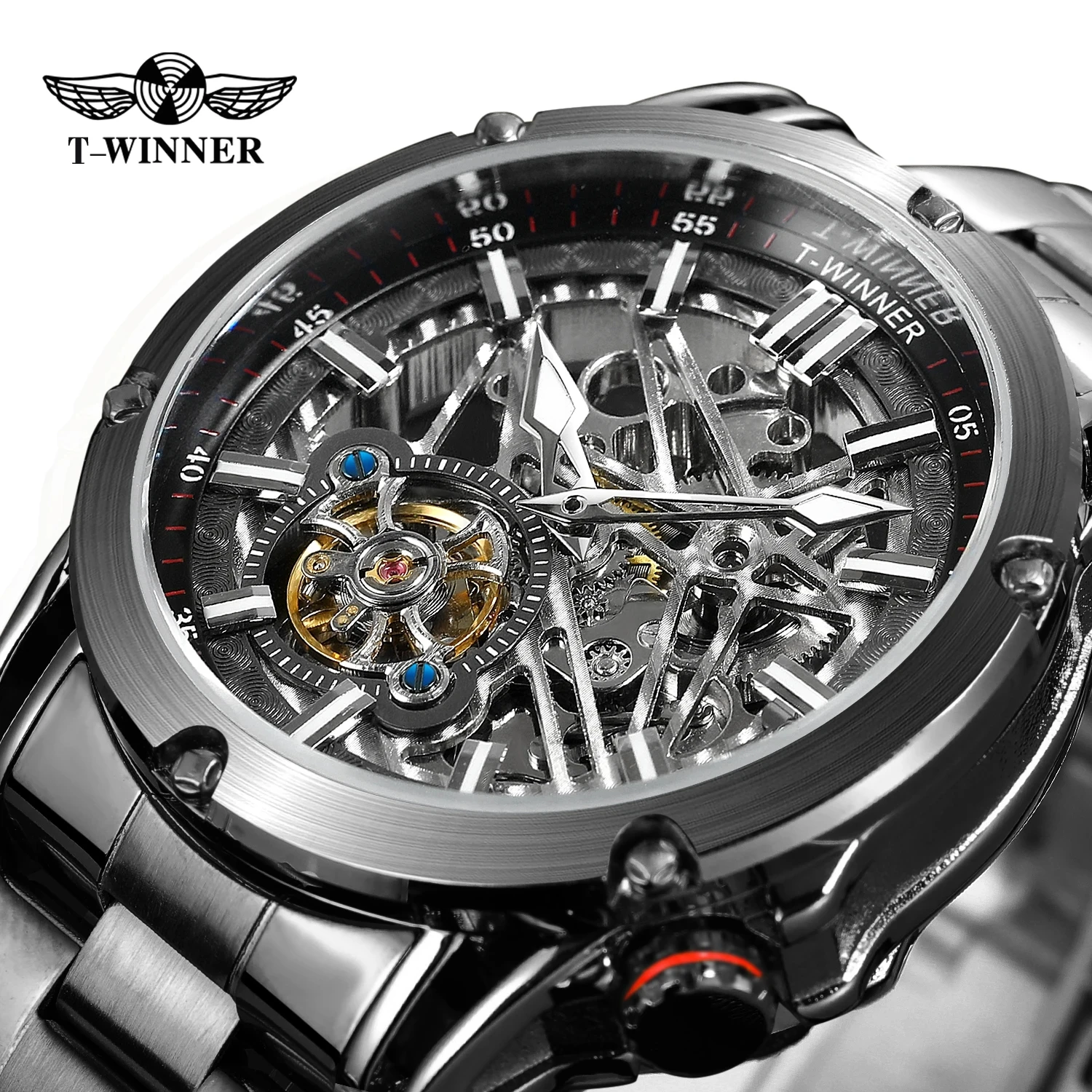 T-WINNER 2026 New Charming Men's Sporty Watches Skeleton Automatic Mechanical Wristwatch Rivet Inlay Durable Steel Fashion Clock
