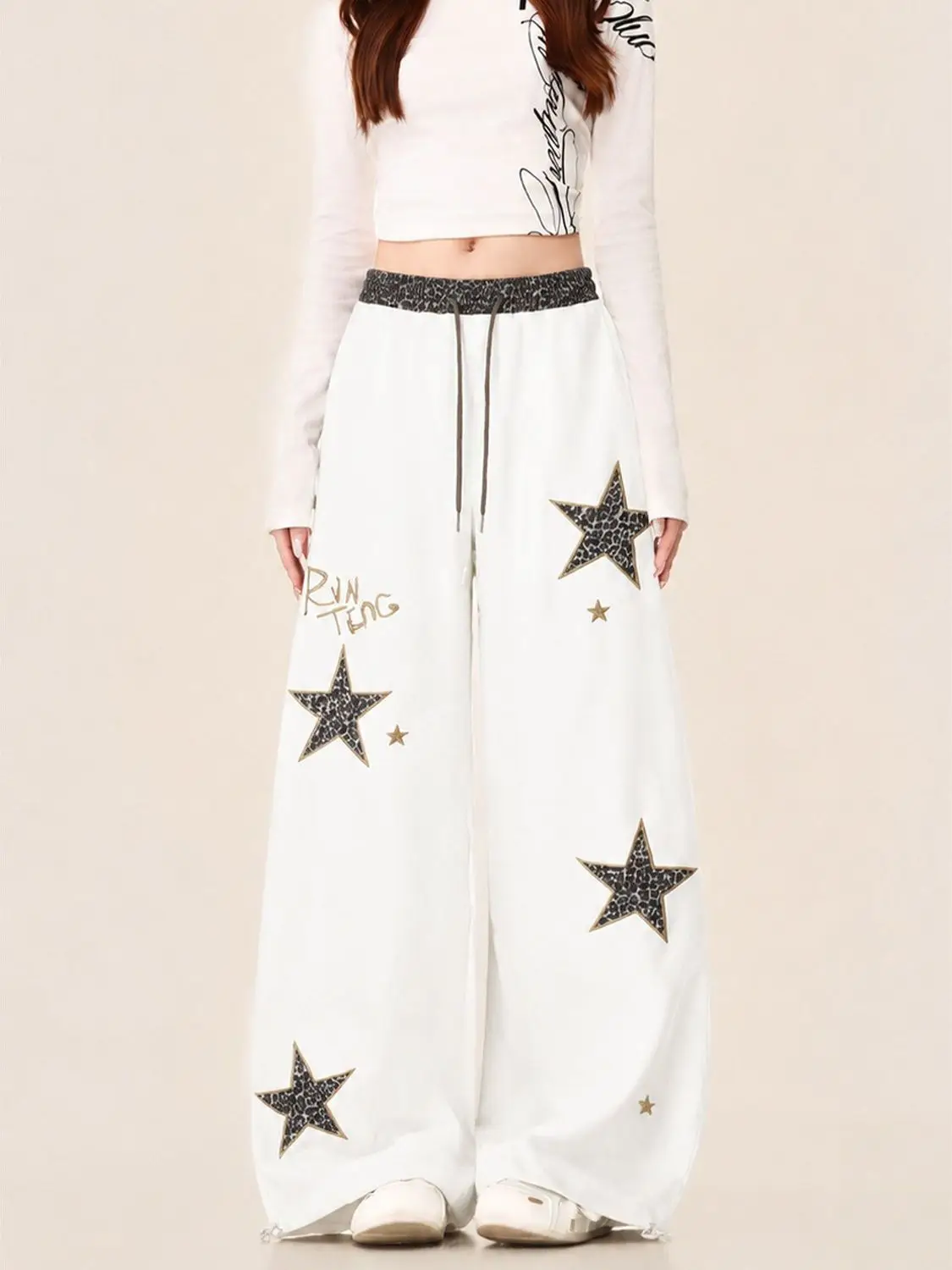Vintage Stars Embroidery Y2K Pant Women Harajuku Leopard Patchwork Trousers Fall Winter Streetwear High Waist Hip Hop Bf Pants