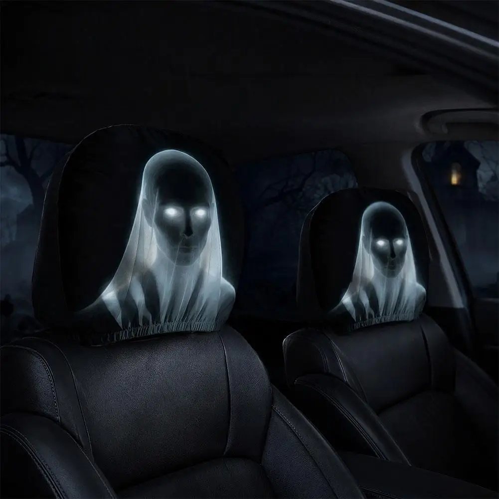 2PCS Elastic Stretch Car Head Rest Covers Horror Alien Ghost Evil Nun Scary Face Print Halloween Party Car Interior Decoration