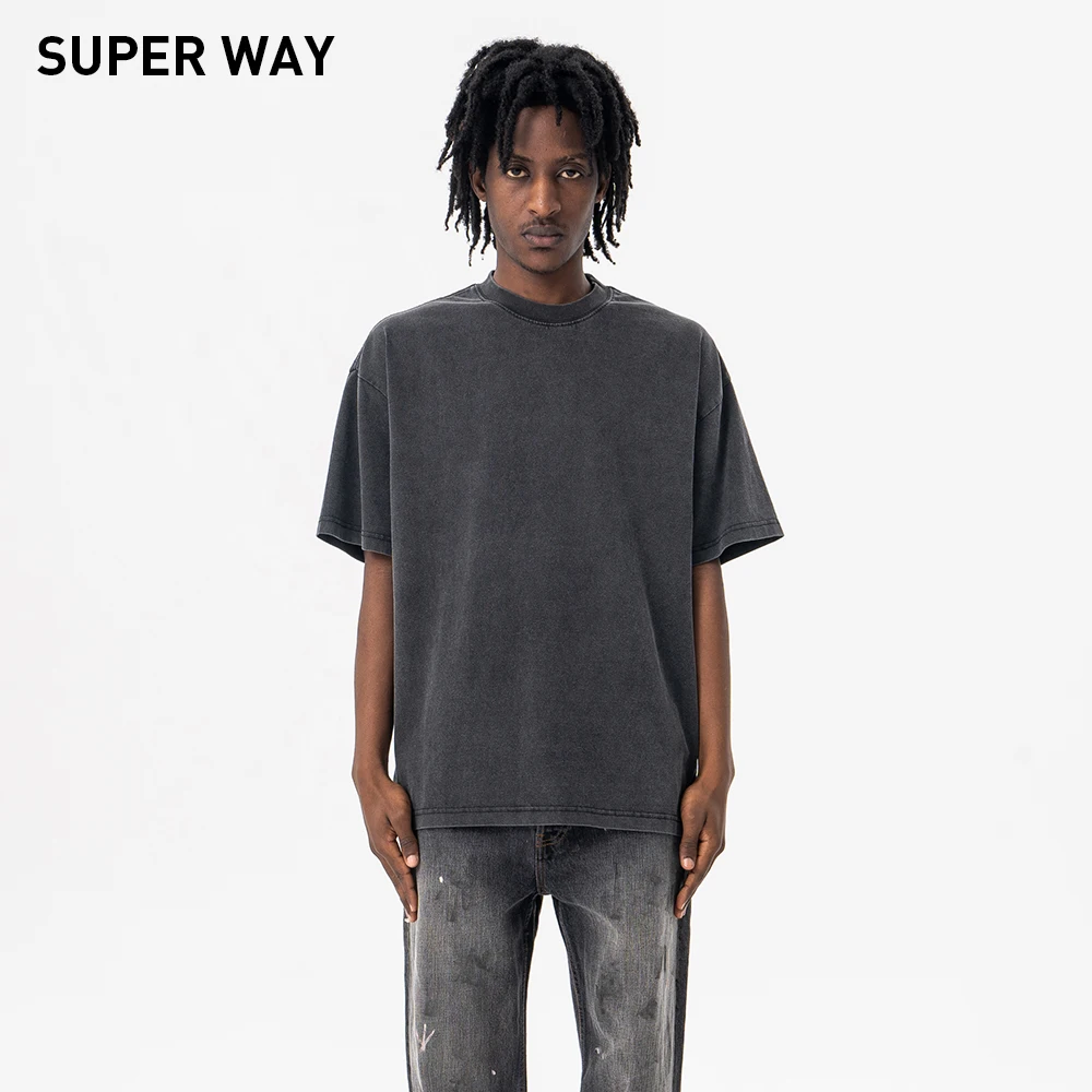 

Superway Original Design Washed T-Shirt Men Casual Short Sleeves Cotton Tees High Street Vintage Y2K Loose American Style Tops