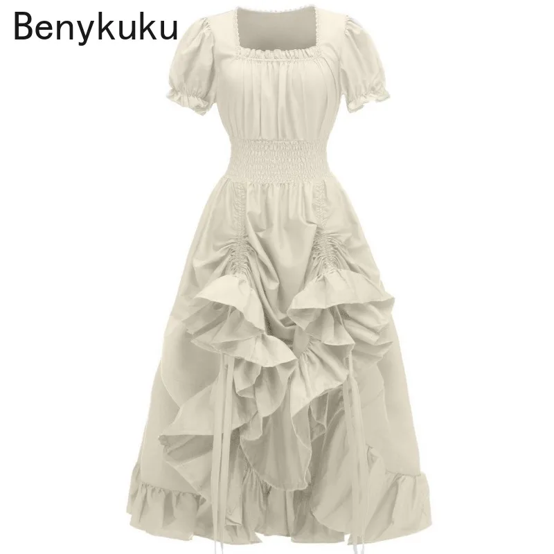 Women Retro Medieval Costume Renaissance Vintage Square Neck Short Sleeve Maxi Dress Halloween Victorian Countryside Dresses