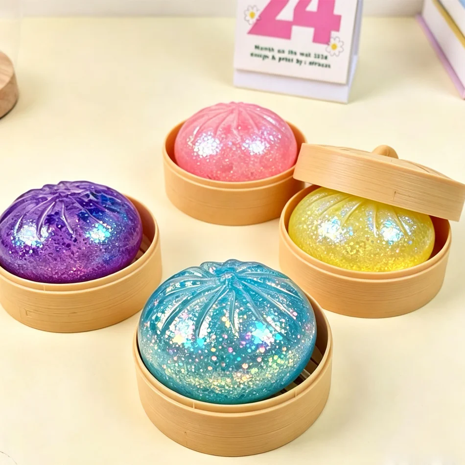 Bun Squishy Glitter Sequin Transparent Bun Squishy Simulated Steamer Box Stress Relief Fidget Toy Kids Gift Desktop Ornament