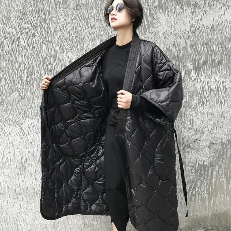 Dark Style Winter New Japanese Bound Nightgown V-neck Diamond Grid Loose Oversized Long Cotton Coat Cotton Jacket for Women