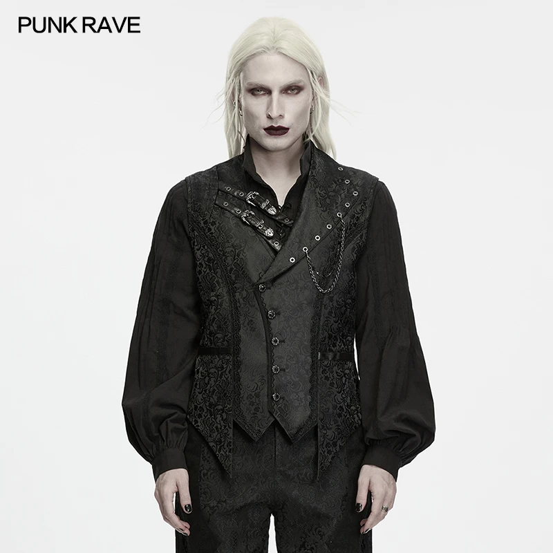 PUNK RAVE Men's Gothic Dark Pattern Jacquard Asymmetrical Strap Vest Vintage Hand-sewn Buttons Irregular Hem Cut Dark Party Top