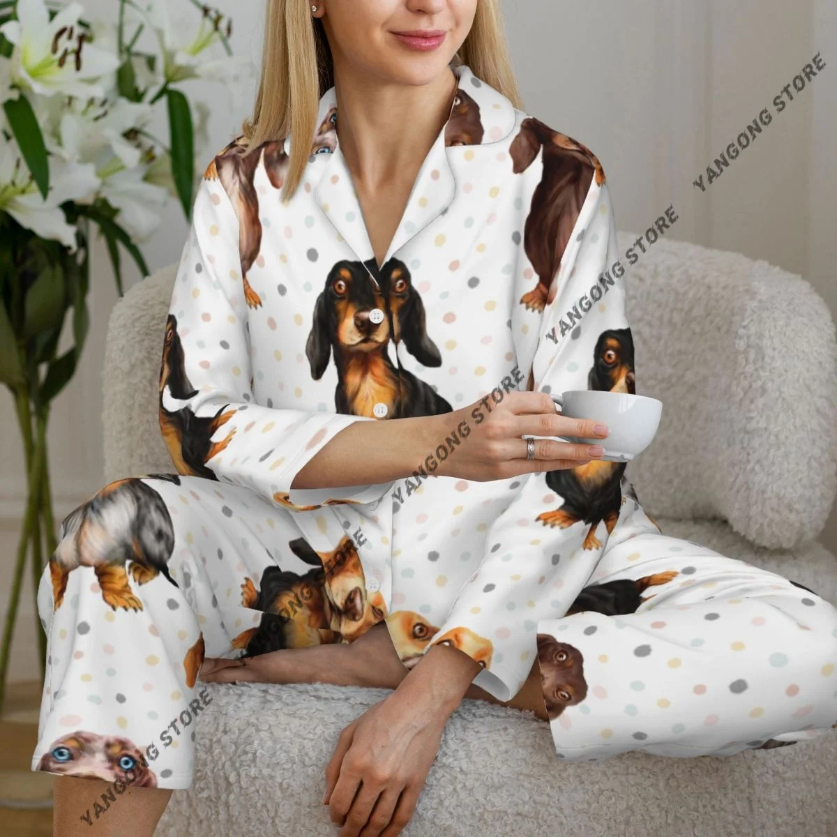 

Женская пижама с милой таксой на горошек, пижама с длинными рукавами, женский комплект, пеньюар, кардиган, костюм