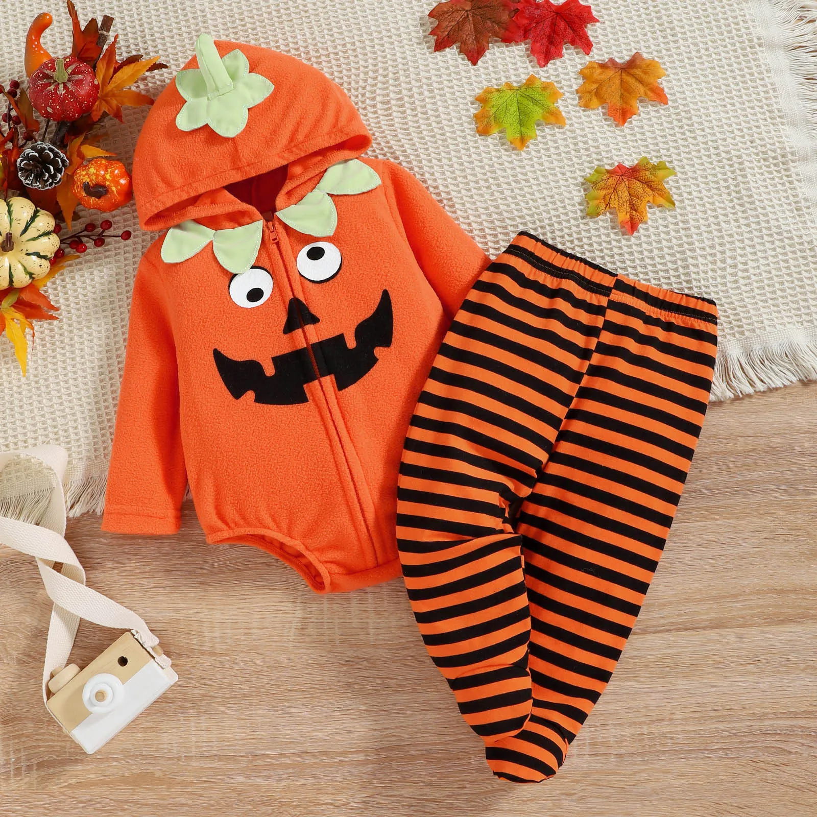 Kids Romper with Hat Shoes Toddler Pumpkin One-Piece Boy Girl Long Sleeve Fleece Party Costume Baby Halloween Jumpsuit Cosplay