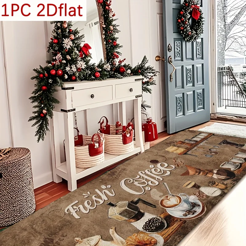 1pc Long Runner Rug with Fresh Coffee Pattern Print, Featuring Vintage Coffee Cups, Teapots, and Coffee Beans, Paired with Rus