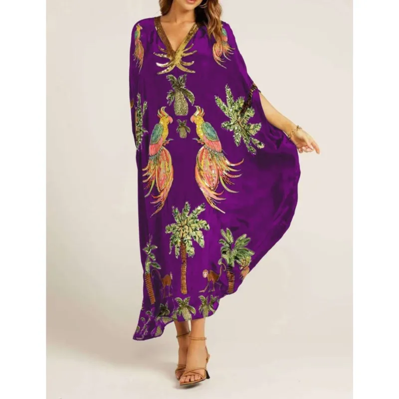 Women Bohemian Maxi Dresses 2025 Summer Loose V-neck Fashion Sexy Hipster Elegant Retro Printed Female Casual Long Robe Vestidos