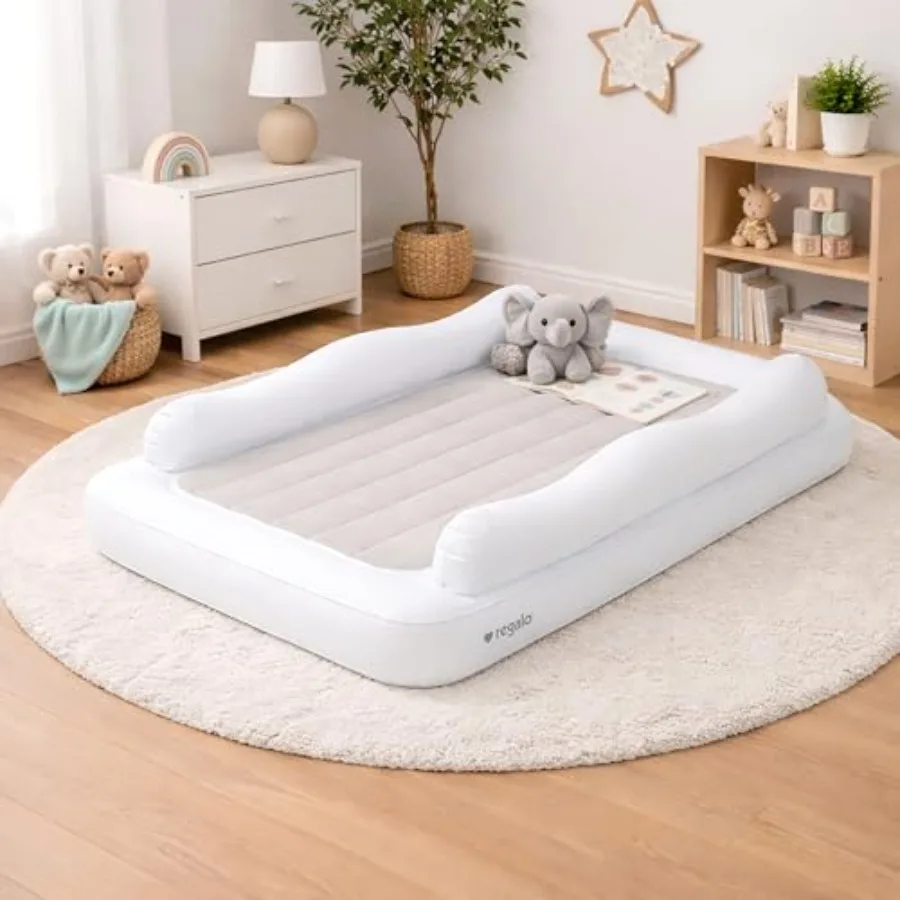 

Regalo Inflatable Toddler Travel Bed with Safety Rail Bumpers Portable Toddler Air Mattress with Pump and Carry Bag Foldable Be