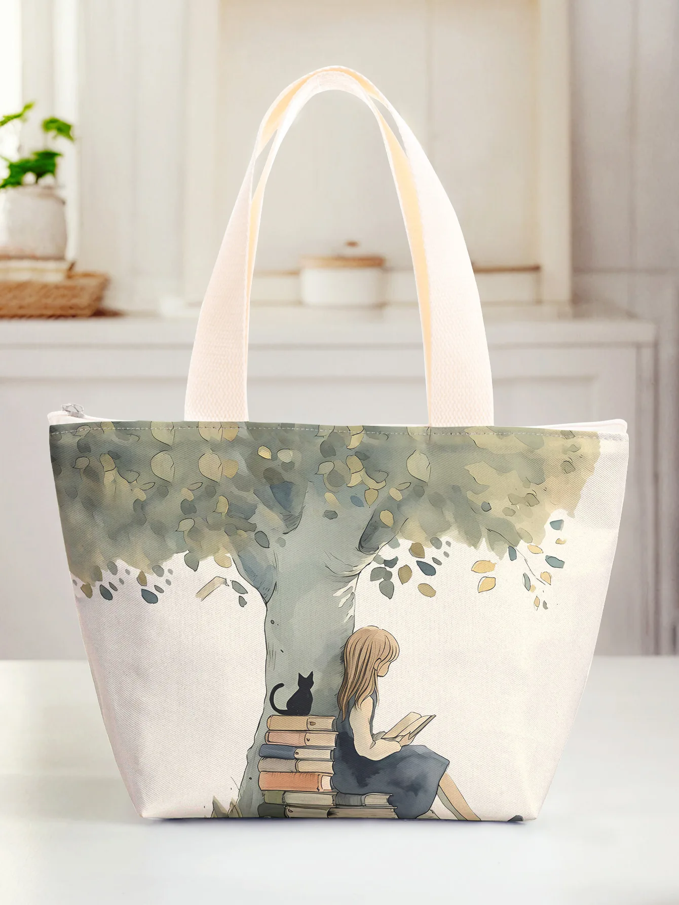 Vintage Reading Girl Black Cat Tree Insulated Lunch Tote Bag Zipper Portable Thermal Cooler Bag For Work School Picnic Daily Use