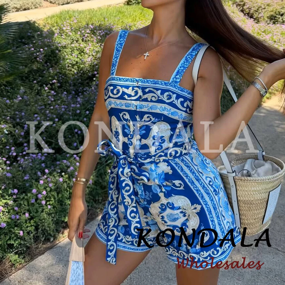 KONDALA Chic Woman Sexy Print Bodysuit Sleeveless Holiday Cami Bodysuit Vintage Blue Fashion 2026 Sheath Holiday Short Jumpsuits