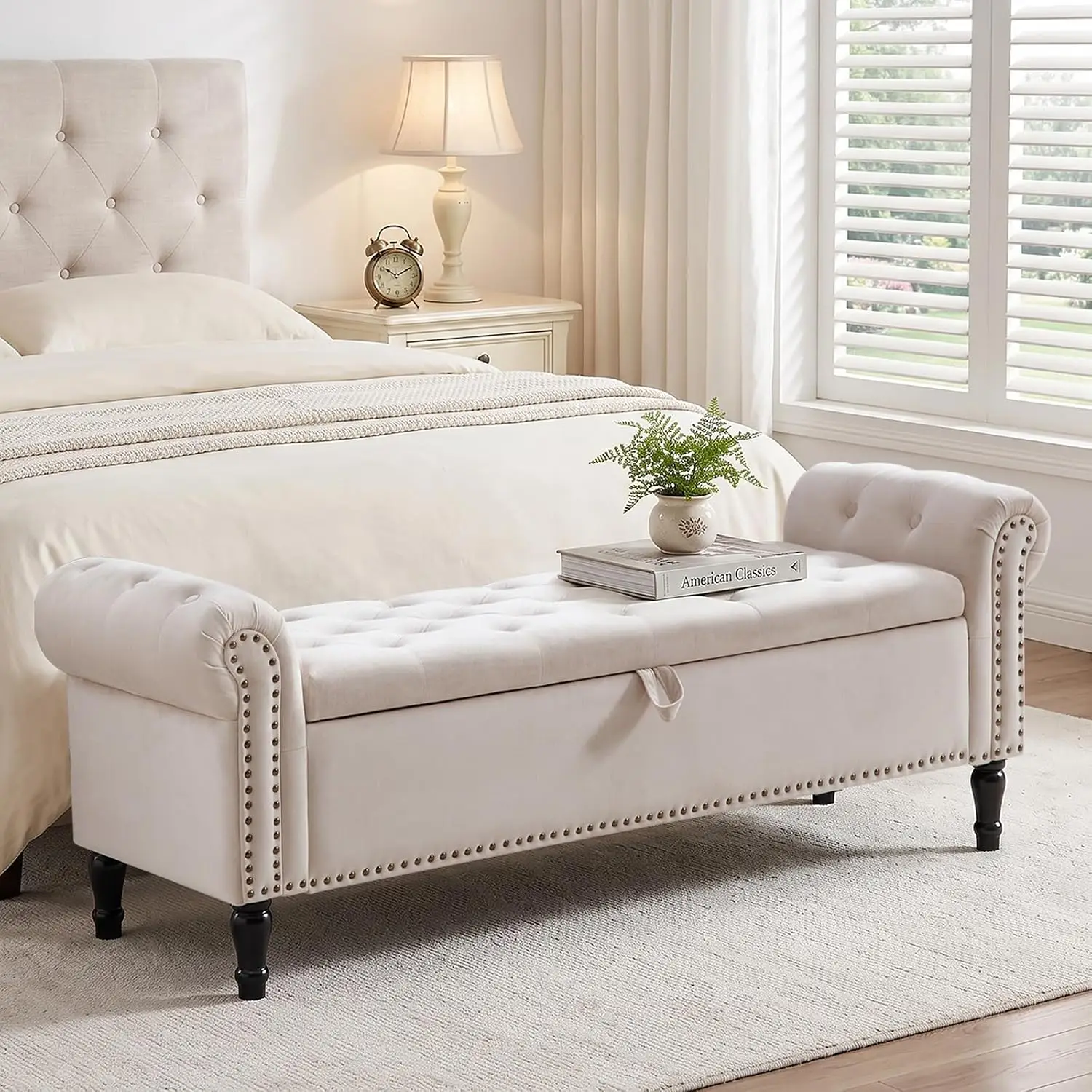 67'' King Size Storage Bench, Velvet Tufted Upholstered Ottoman with Arms for Bedroom  Entryway, Customized