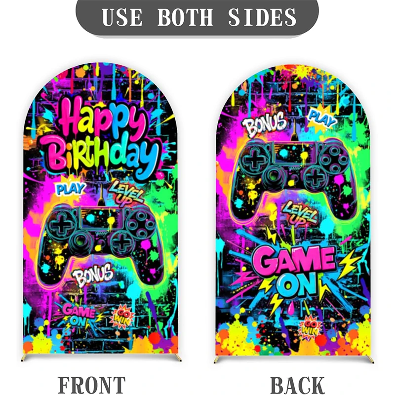 Custom 2-sided Level Up Game on Backdrop Graffiti Wall Kids Adult Happy Birthday Party Background Chiara Arch Cover Photo Shoot