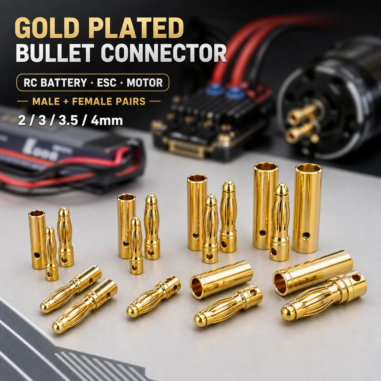 Gold Plated Bullet Connector 2mm 3mm 3.5mm 4mm Male Female Banana Plug for RC Battery ESC Motor Drone DIY Wiring 2-20 Pairs