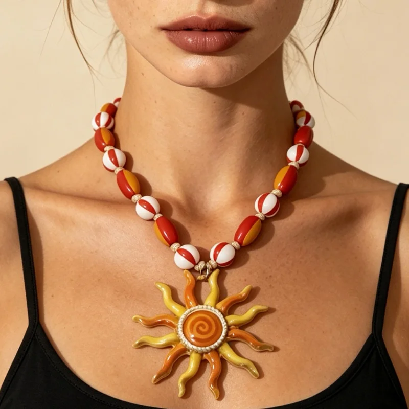 Women Tropical Beaded Choker Gold Tone With Red/White/Yellow Beach Ball Beads & Gradient Sun Pendant Trendy Accessories