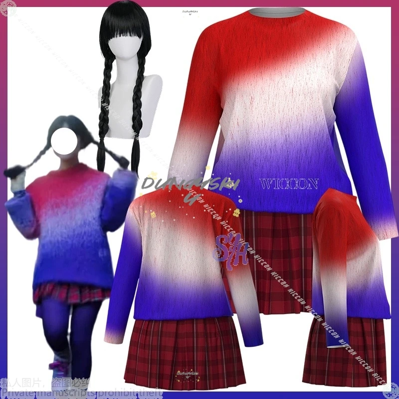 

Костюм для косплея на Хэллоуин, 2025 г., аниме Wedness, день фильма, красный, синий, свитер с градиентом, Радуга, платье Harajuku Jirai Kei Lolita