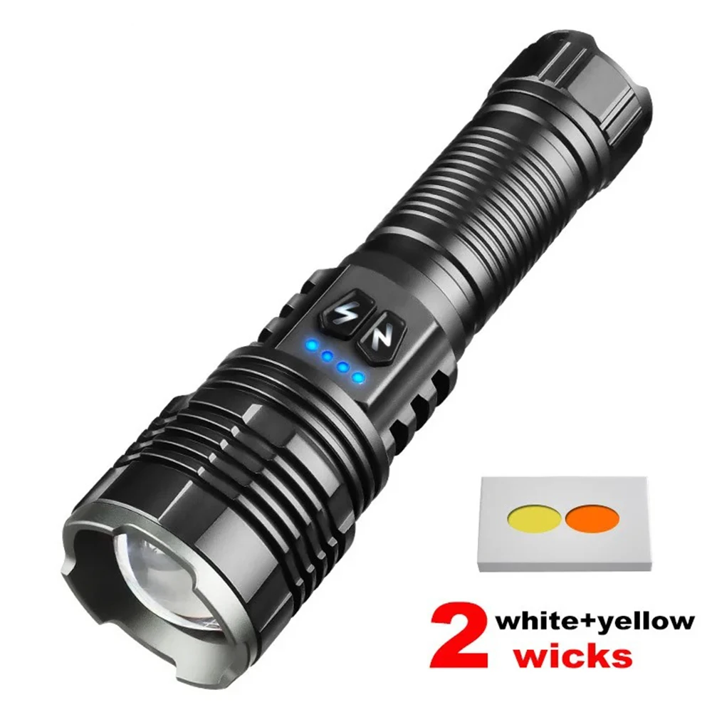 High Power LED Flashlight Yellow+White Dual Light Zoomable Spotlight Tactical Torch USB Rechargeable Lantern For Camping Hunting
