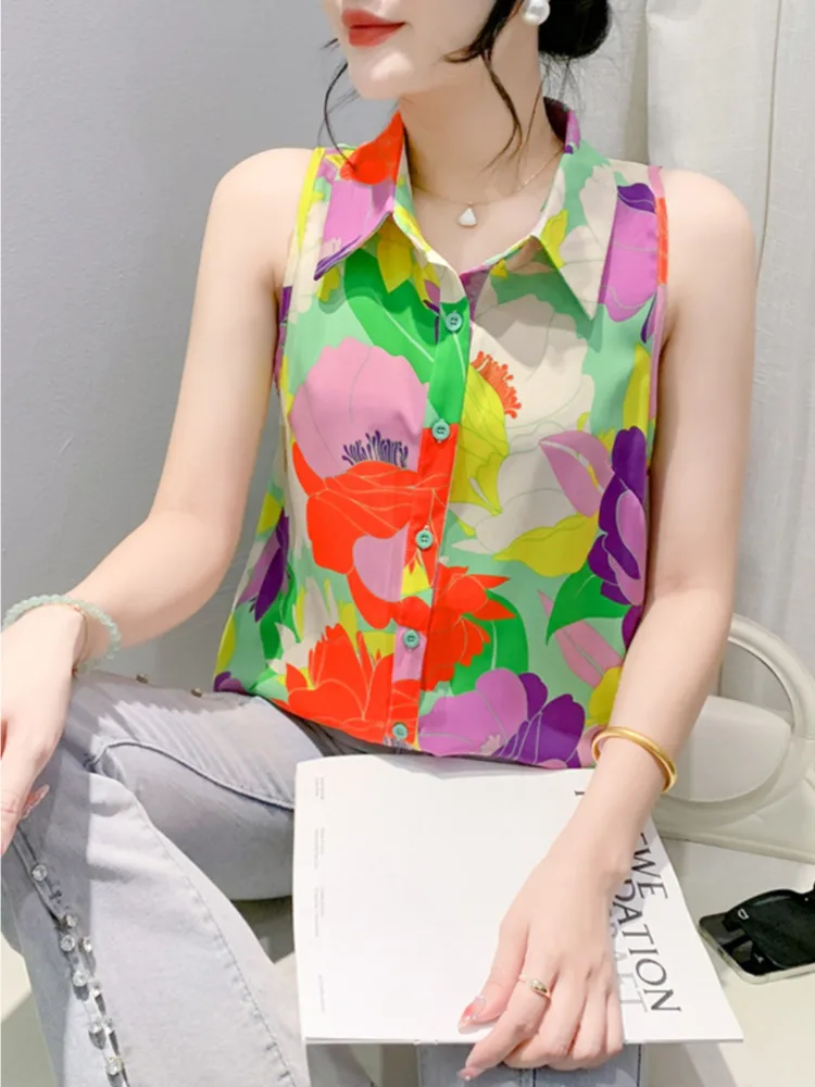 #7113 Sleeveless Shirt Women Slim Vintage Printed Womens Tops And Blouses Sexy Streetwear Short Shirt Female Korean Fashion