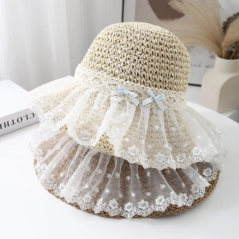 Cappello da pescatore Cappello estivo da donna Cappello da sole in paglia con fiocco in pizzo Cappello da pescatore Protezione solare a tesa larga Accessori da spiaggia per le vacanze al mare