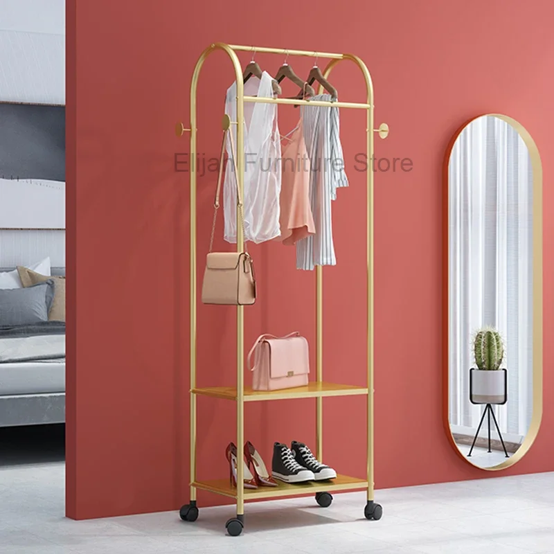 

Nordic Golden Clothes Hangers Bags Portable Mobile Clothes Storage Stand Wheels Dressing Room Cabideiro Bedroom Furniture