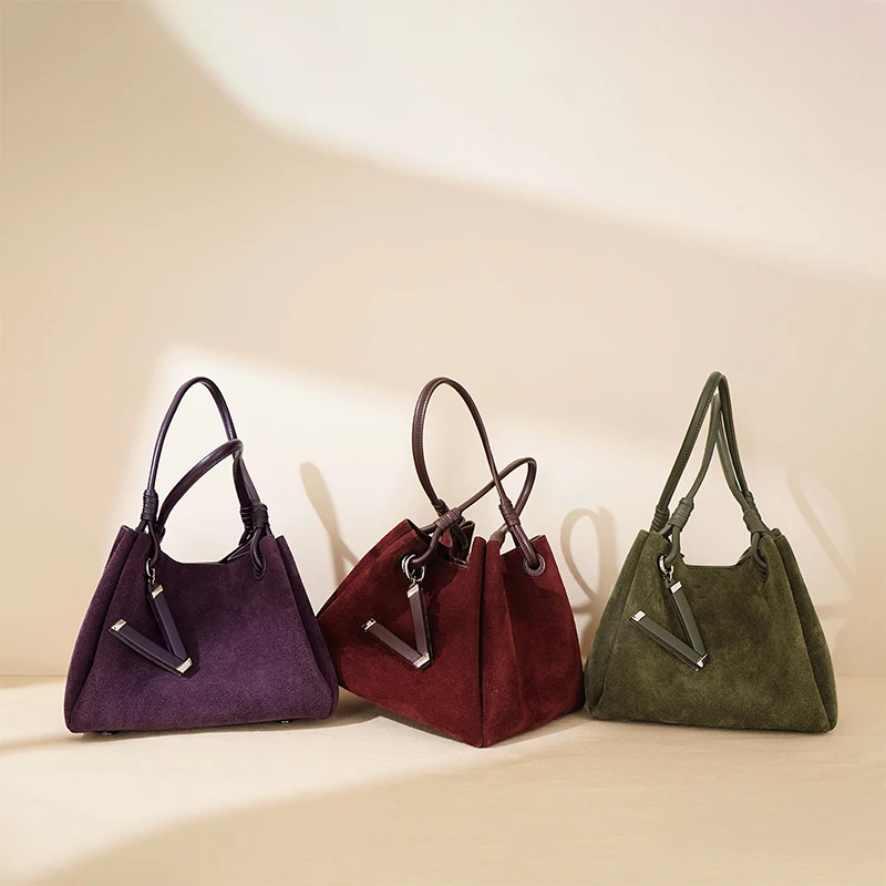 

Bucket Bag For Women Suede Leather Fashion Simple Lunch Box Bag Niche Western Style Texture Handheld Brand Small Shoulder Bag