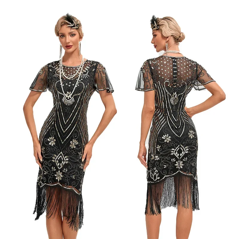Spring Autumn New 1920S Dress Women Vintage Mesh Sequined Tassel Stitching Dress Women Short Sleeve Round Neck Slim Party Dress