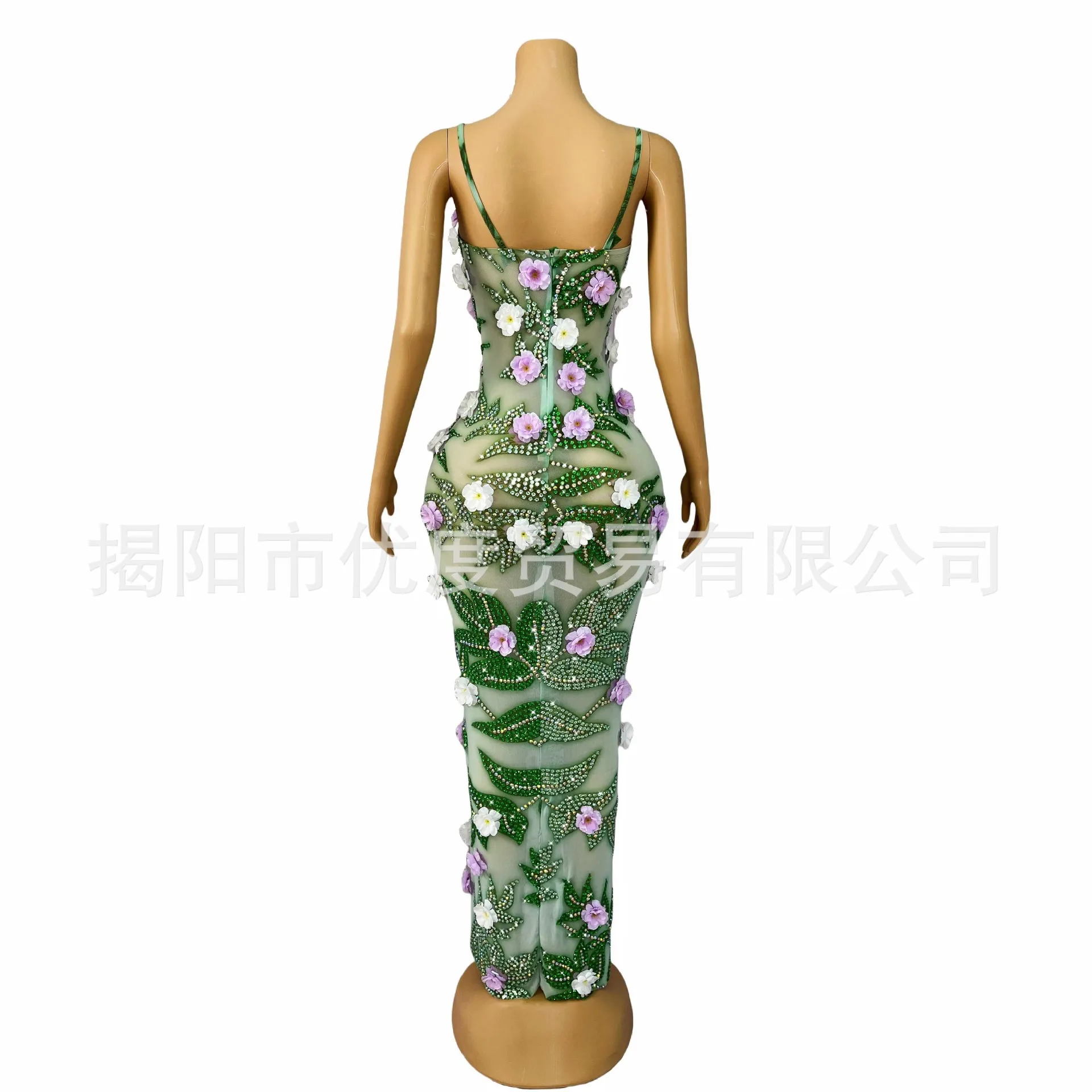 Niche Glam Rhinestone Perspective Dress Cocktail Party Night Party Performance Suspender Flower Dress Vestidos De Fiesta De Lujo