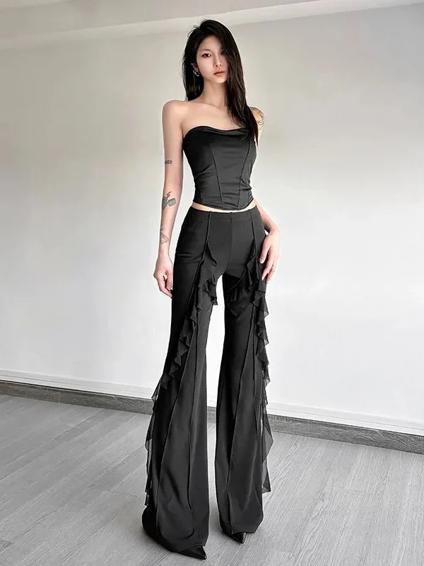 Retro Style High Waist Bell Bottom Pants Women's Spring Summer New Slimming Long Trousers Floral Lace Trim Splicing Design