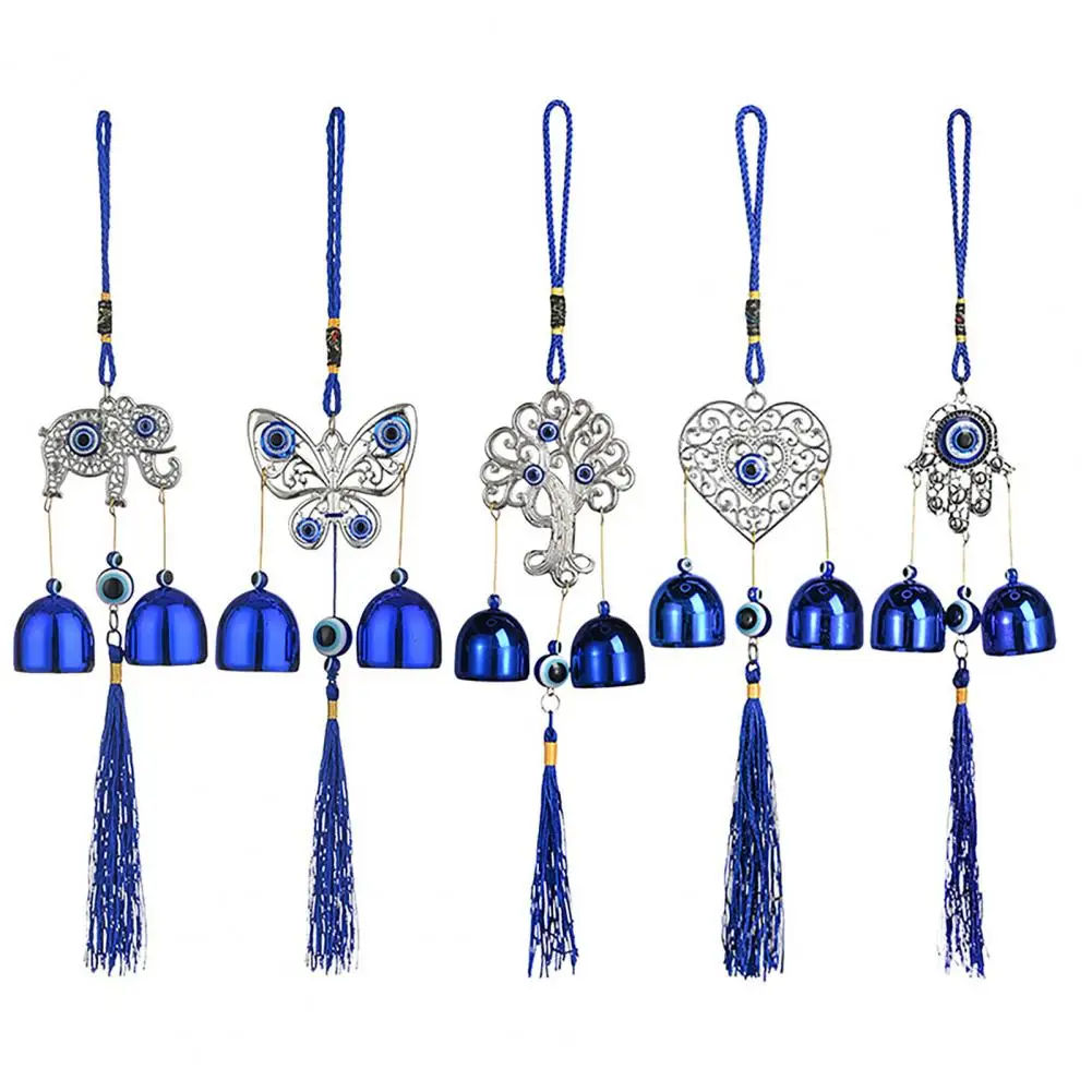 Blue Evil Eyes Wind Chime with 2 Bells Garden Patio Hanging Wind Chime Elephant Heart Butterfly Tree Metal Wind Bell Decoration