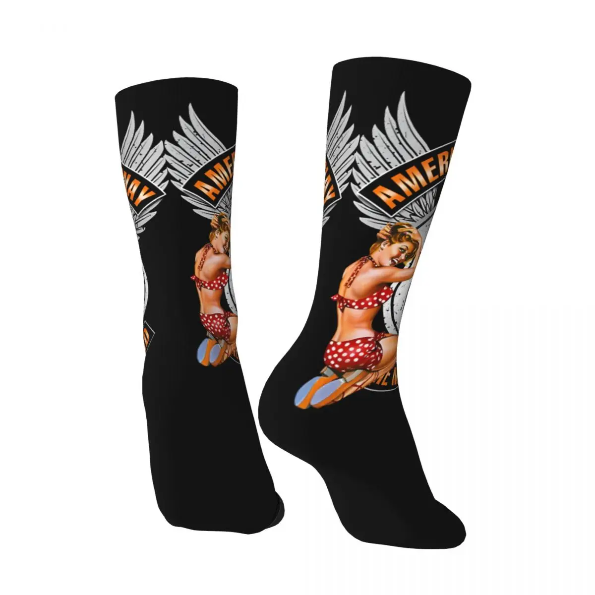 Vintage Route 66 Mother Road Sexy Pinup Men's compression Socks Unisex Highway 66 Harajuku Pattern Printed Novelty Crew Sock