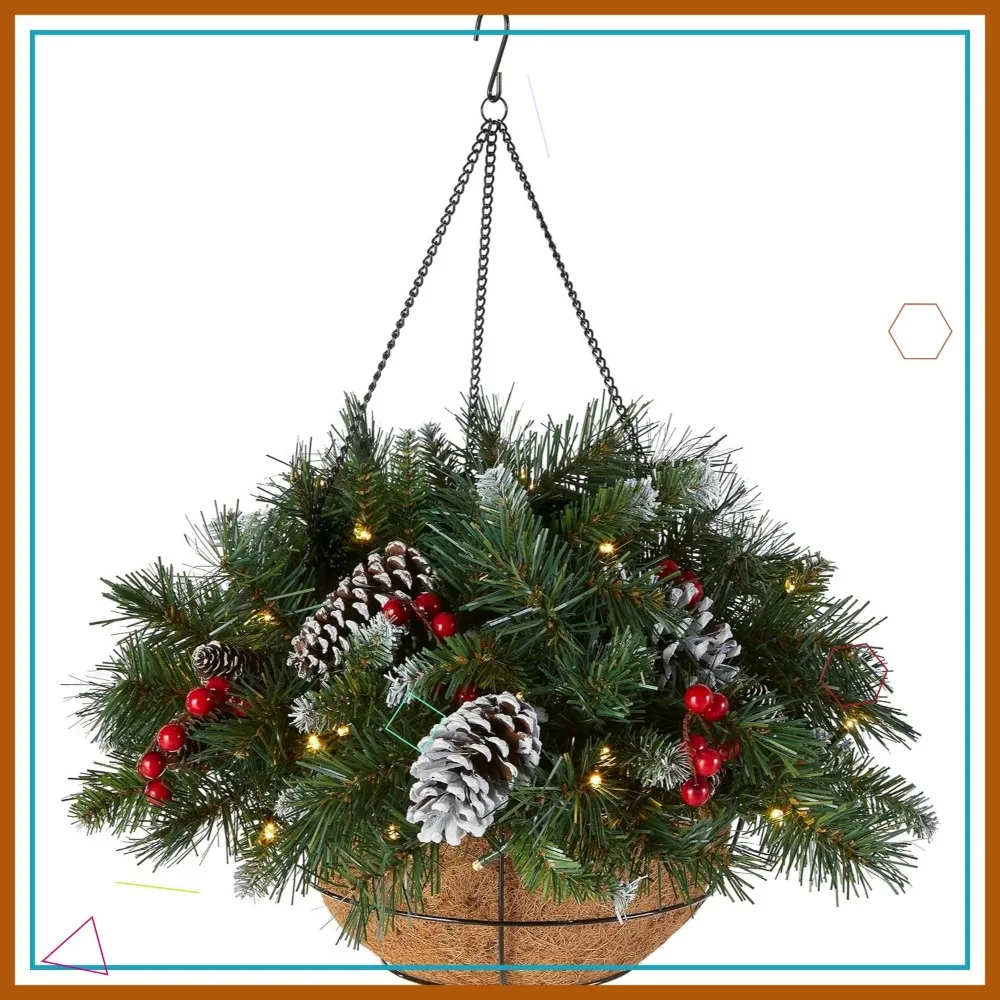 

Pre-Lit Artificial Hanging Basket with Frosted Pine Cones, Berries, White LED Lights, Christmas Decor, 20 Inches