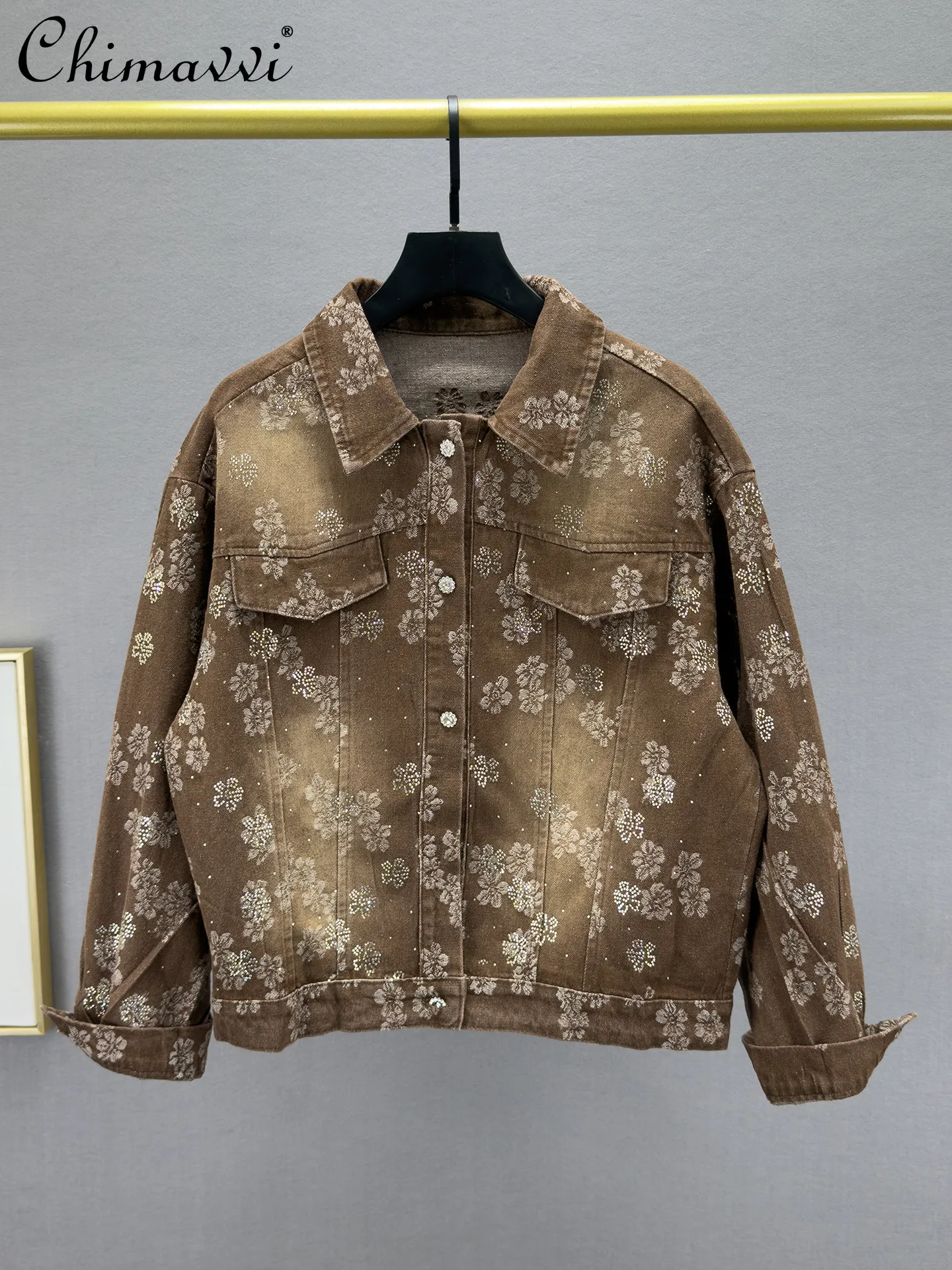 

Fashion Retro Denim Outwear Women's 2026 Spring New Heavy Loose Slimming Jacquard Hot Diamond Long Sleeves Jackets Coat