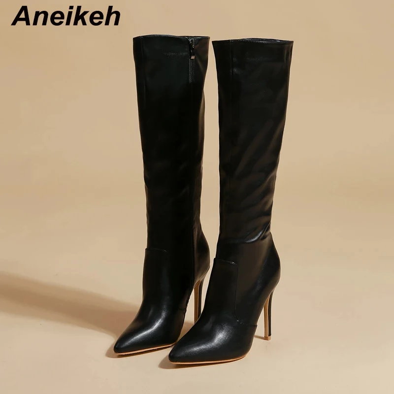 Aneikeh Women\'s Fashion Sexy Pointed Thin Heel Knee High Long Boots 2024 Spring/Autumn PU  Panel Side Zipper Boots Designer35-42