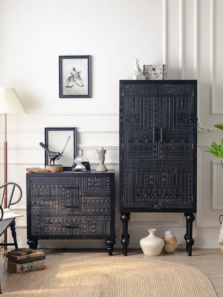 French retro bucket cabinet living room wall facing black relief totem style decoration dining cabinet, solid wood porch cabinet