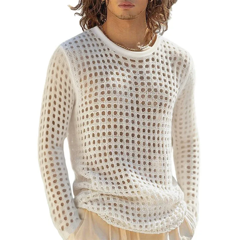 

New American Hollow Out Men T-shirt Trendy Sexy Mesh Solid Color Long Sleeve Tees Transparent Stage Clothing Fitness Tops S-2XL